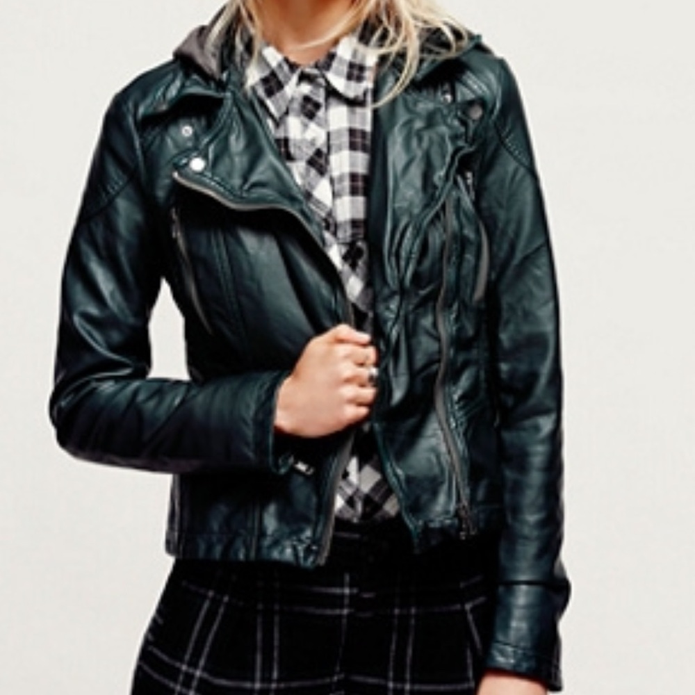 Free People Vegan Leather Hooded Moto Jacket